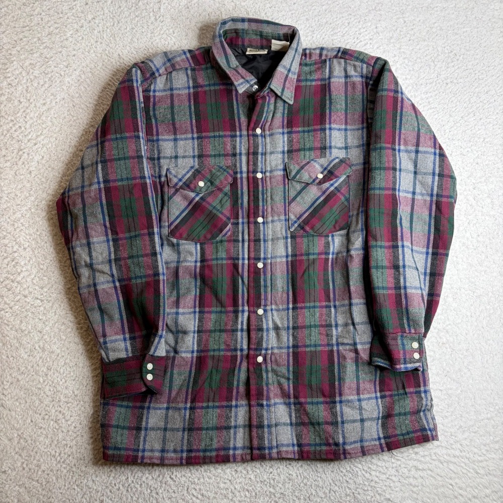 FiveBrother Mens Plaid Quilted Flannel Shirt Pearl Snap L Grey Made In USA